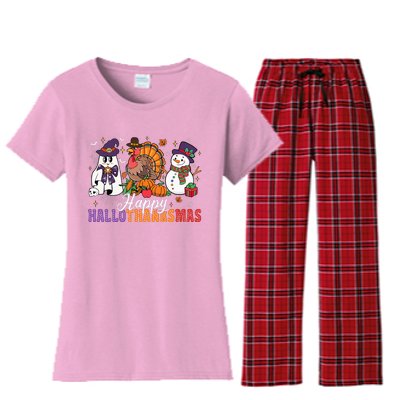 Halloween Thanksgiving Christmas Happy Hallothanksmas Women's Flannel Pajama Set