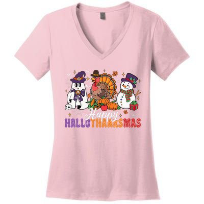 Halloween Thanksgiving Christmas Happy Hallothanksmas Women's V-Neck T-Shirt