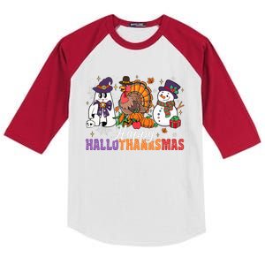 Halloween Thanksgiving Christmas Happy Hallothanksmas Kids Colorblock Raglan Jersey