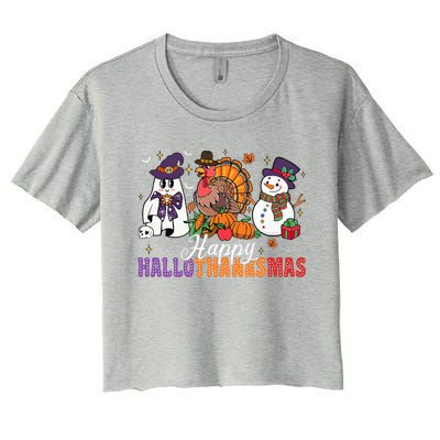 Halloween Thanksgiving Christmas Happy Hallothanksmas Women's Crop Top Tee