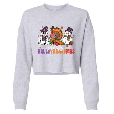 Halloween Thanksgiving Christmas Happy Hallothanksmas Cropped Pullover Crew