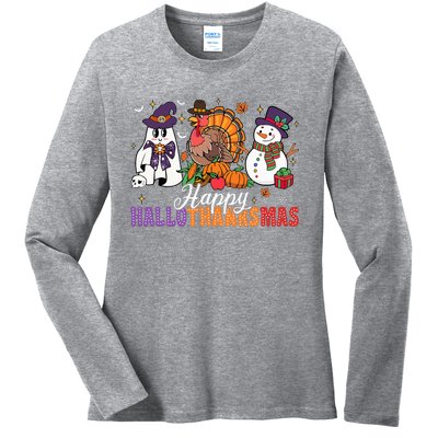 Halloween Thanksgiving Christmas Happy Hallothanksmas Ladies Long Sleeve Shirt