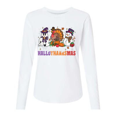 Halloween Thanksgiving Christmas Happy Hallothanksmas Womens Cotton Relaxed Long Sleeve T-Shirt