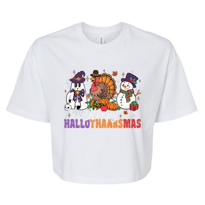 Halloween Thanksgiving Christmas Happy Hallothanksmas Bella+Canvas Jersey Crop Tee