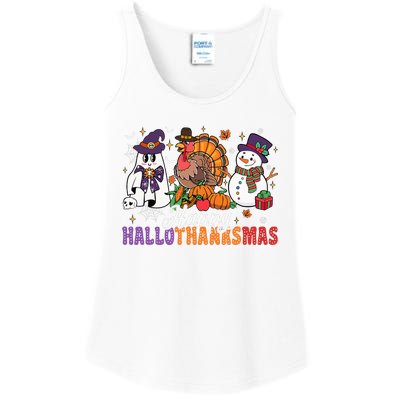 Halloween Thanksgiving Christmas Happy Hallothanksmas Ladies Essential Tank