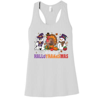 Halloween Thanksgiving Christmas Happy Hallothanksmas Women's Racerback Tank