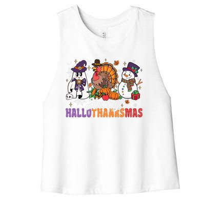 Halloween Thanksgiving Christmas Happy Hallothanksmas Women's Racerback Cropped Tank