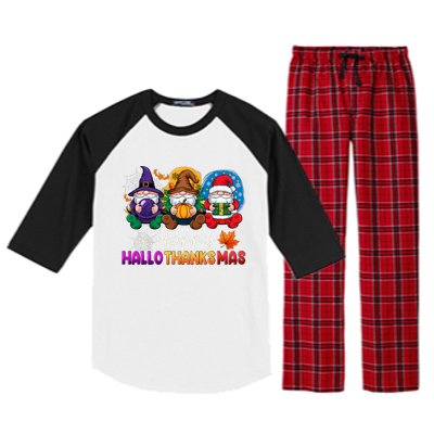 Halloween Thanksgiving Christmas Happy Hallothanksmas Gnomes Raglan Sleeve Pajama Set