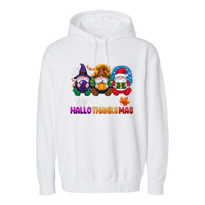 Halloween Thanksgiving Christmas Happy Hallothanksmas Gnomes Garment-Dyed Fleece Hoodie