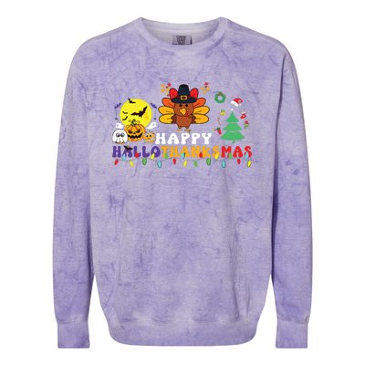 Halloween Thanksgiving Christmas Turkey Happy Hallothanksmas Colorblast Crewneck Sweatshirt