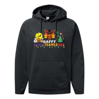 Halloween Thanksgiving Christmas Turkey Happy Hallothanksmas Performance Fleece Hoodie