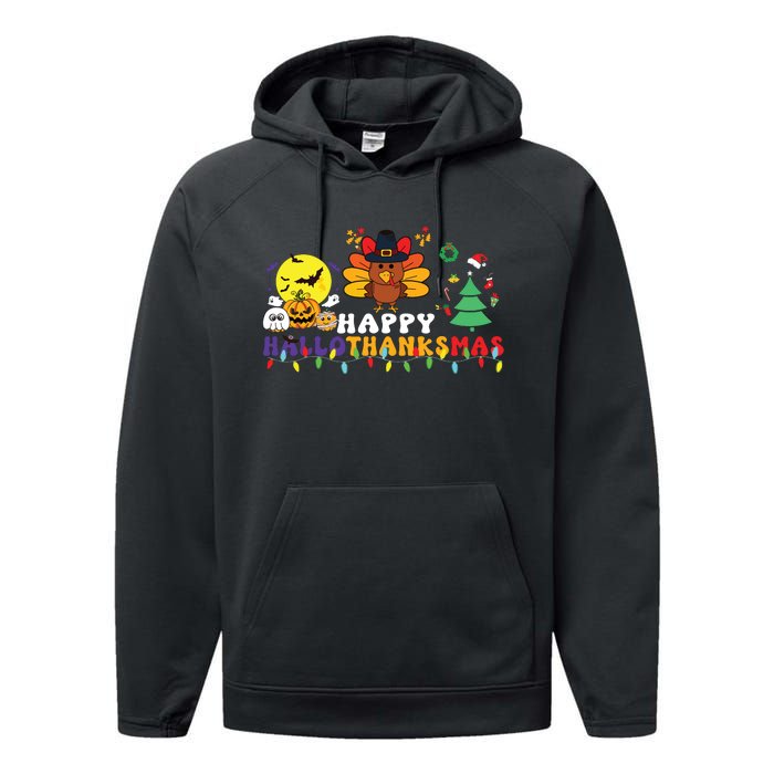 Halloween Thanksgiving Christmas Turkey Happy Hallothanksmas Performance Fleece Hoodie