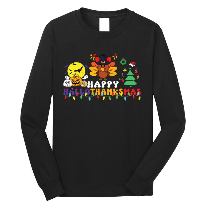 Halloween Thanksgiving Christmas Turkey Happy Hallothanksmas Long Sleeve Shirt