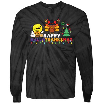 Halloween Thanksgiving Christmas Turkey Happy Hallothanksmas Tie-Dye Long Sleeve Shirt