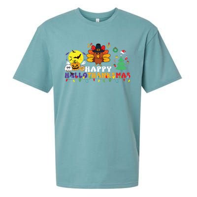 Halloween Thanksgiving Christmas Turkey Happy Hallothanksmas Sueded Cloud Jersey T-Shirt