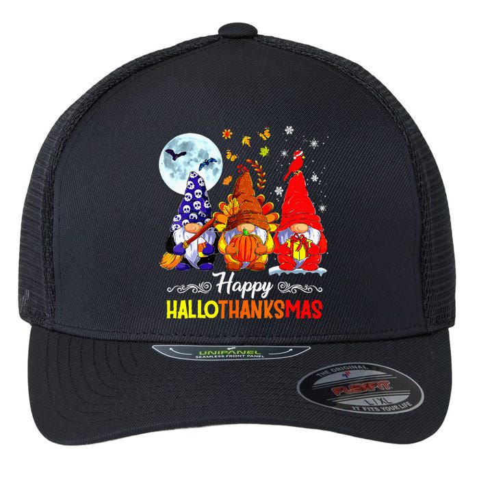 Halloween Thanksgiving Christmas Happy Hallothanksmas Gnomes Flexfit Unipanel Trucker Cap