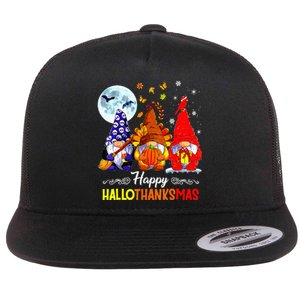 Halloween Thanksgiving Christmas Happy Hallothanksmas Gnomes Flat Bill Trucker Hat