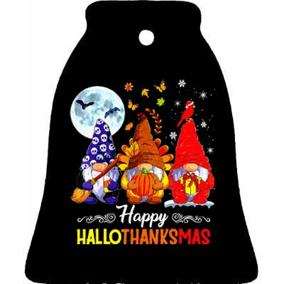 Halloween Thanksgiving Christmas Happy Hallothanksmas Gnomes Ceramic Bell Ornament