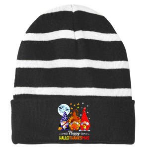 Halloween Thanksgiving Christmas Happy Hallothanksmas Gnomes Striped Beanie with Solid Band