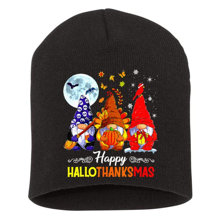 Halloween Thanksgiving Christmas Happy Hallothanksmas Gnomes Short Acrylic Beanie