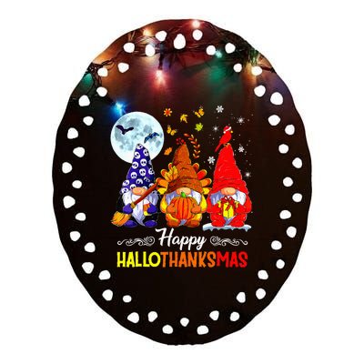 Halloween Thanksgiving Christmas Happy Hallothanksmas Gnomes Ceramic Oval Ornament