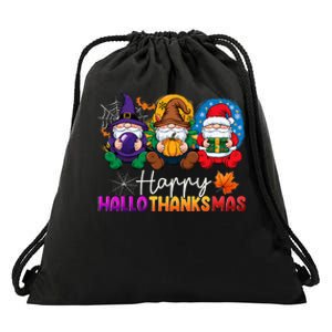 Halloween Thanksgiving Christmas Happy Hallothanksmas Gnomes Drawstring Bag