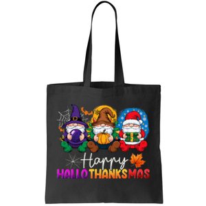 Halloween Thanksgiving Christmas Happy Hallothanksmas Gnomes Tote Bag