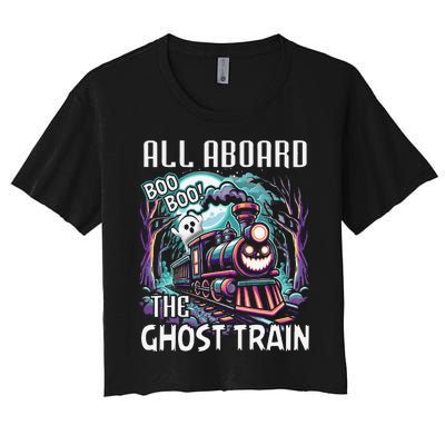 Halloween Train Choo Cho Locomotive All Aboard Railroad Women's Crop Top Tee