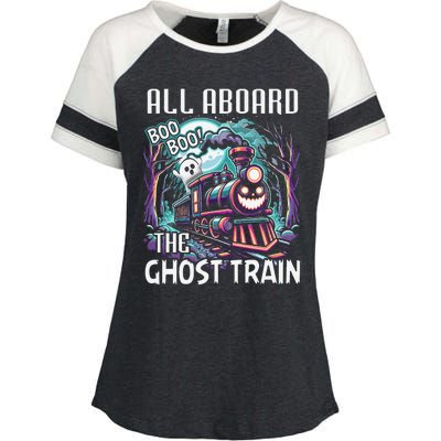 Halloween Train Choo Cho Locomotive All Aboard Railroad Enza Ladies Jersey Colorblock Tee