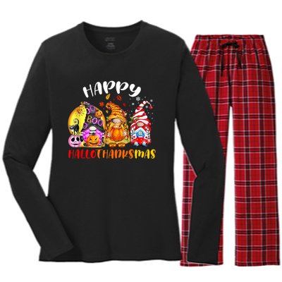 Halloween Thanksgiving Christmas Happy HalloThanksMas Gnomes Women's Long Sleeve Flannel Pajama Set 