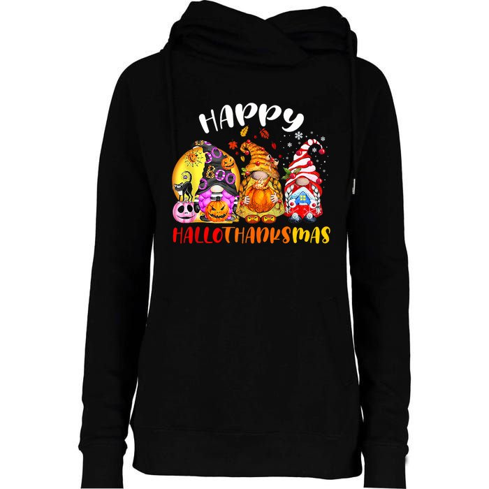 Halloween Thanksgiving Christmas Happy HalloThanksMas Gnomes Womens Funnel Neck Pullover Hood