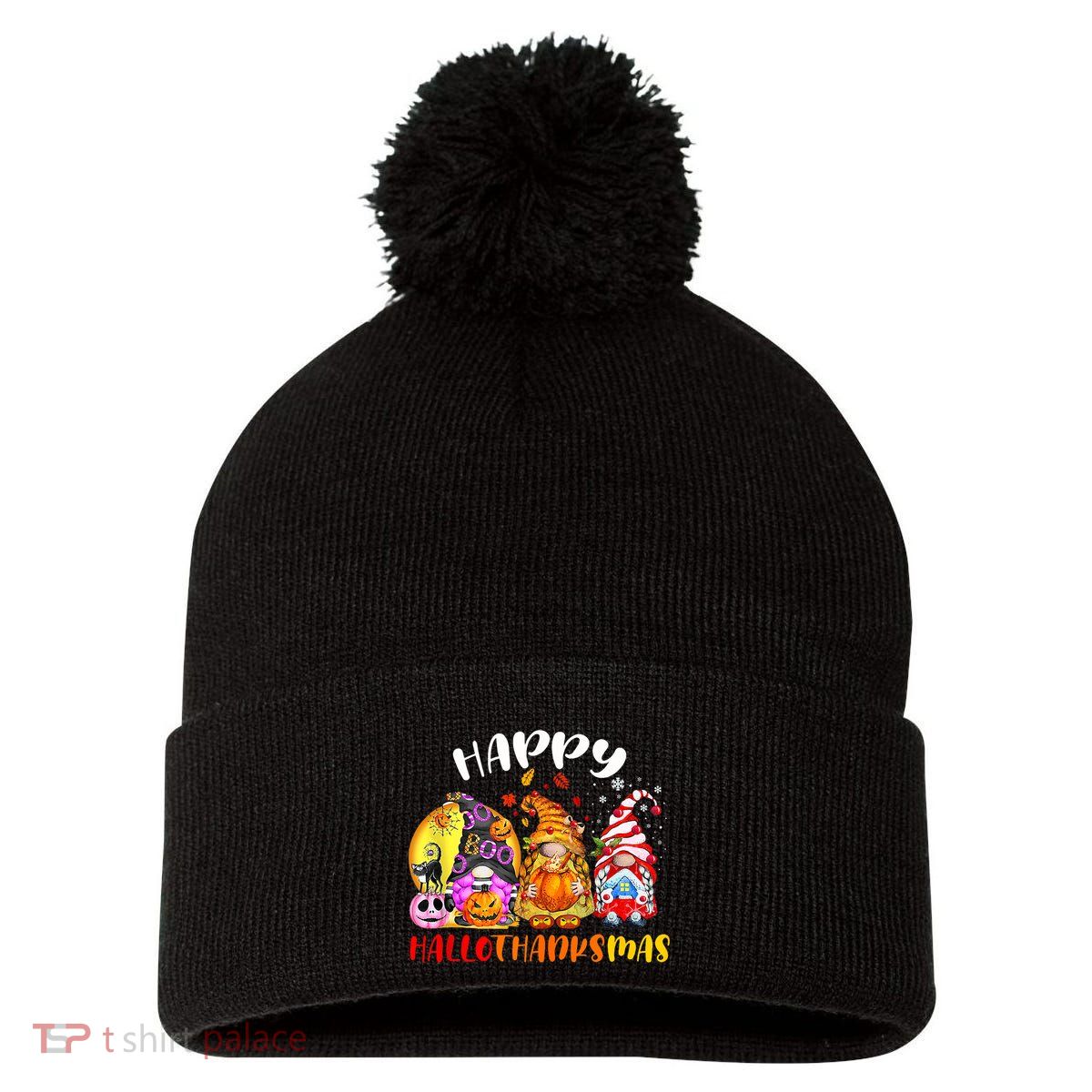 Halloween Thanksgiving Christmas Happy HalloThanksMas Gnomes Pom Pom 12in Knit Beanie