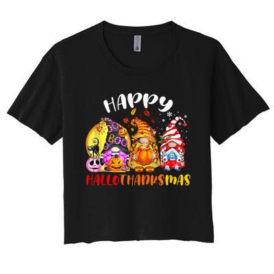 Halloween Thanksgiving Christmas Happy HalloThanksMas Gnomes Women's Crop Top Tee