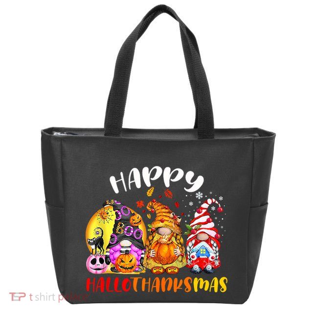 Halloween Thanksgiving Christmas Happy HalloThanksMas Gnomes Zip Tote Bag