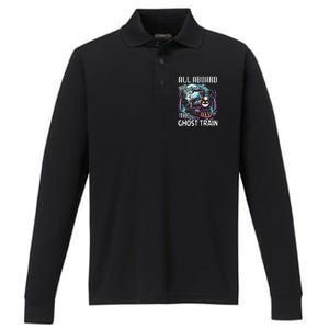 Halloween Train Choo Cho Locomotive All Aboard Railroad Performance Long Sleeve Polo