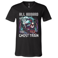 Halloween Train Choo Cho Locomotive All Aboard Railroad V-Neck T-Shirt