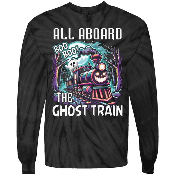 Halloween Train Choo Cho Locomotive All Aboard Railroad Tie-Dye Long Sleeve Shirt