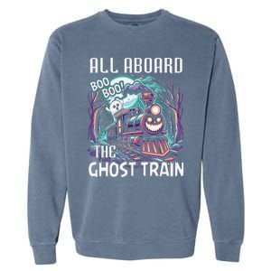 Halloween Train Choo Cho Locomotive All Aboard Railroad Garment-Dyed Sweatshirt