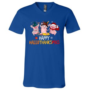 Halloween Thanksgiving Christmas Happy Hallothanksmas Pigs V-Neck T-Shirt