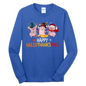 Halloween Thanksgiving Christmas Happy Hallothanksmas Pigs Tall Long Sleeve T-Shirt