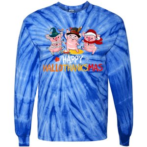 Halloween Thanksgiving Christmas Happy Hallothanksmas Pigs Tie-Dye Long Sleeve Shirt