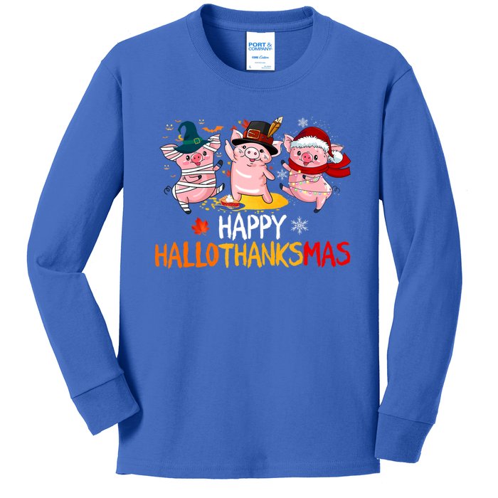 Halloween Thanksgiving Christmas Happy Hallothanksmas Pigs Kids Long Sleeve Shirt