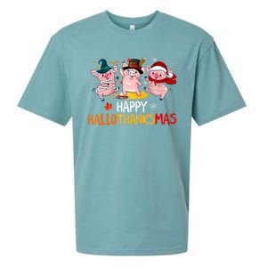 Halloween Thanksgiving Christmas Happy Hallothanksmas Pigs Sueded Cloud Jersey T-Shirt