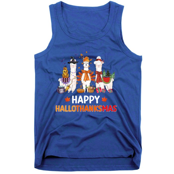 Halloween Thanksgiving Christmas Happy Hallothanksmas Llama Gift Tank Top