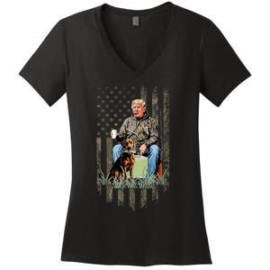 Hunting Trump Camouflage Usa Flag Duck Hunting Season Maga Women's V-Neck T-Shirt