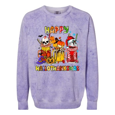 Halloween Thanksgiving Christmas Happy Hallothanksmas Funny Colorblast Crewneck Sweatshirt