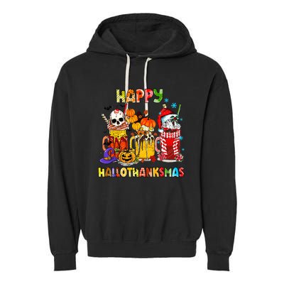 Halloween Thanksgiving Christmas Happy Hallothanksmas Funny Garment-Dyed Fleece Hoodie