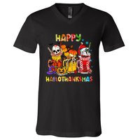 Halloween Thanksgiving Christmas Happy Hallothanksmas Funny V-Neck T-Shirt