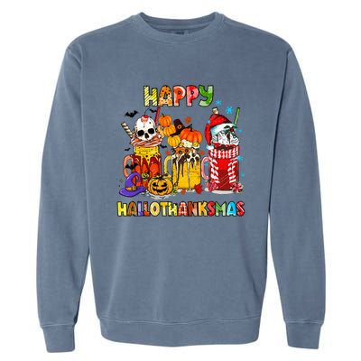 Halloween Thanksgiving Christmas Happy Hallothanksmas Funny Garment-Dyed Sweatshirt