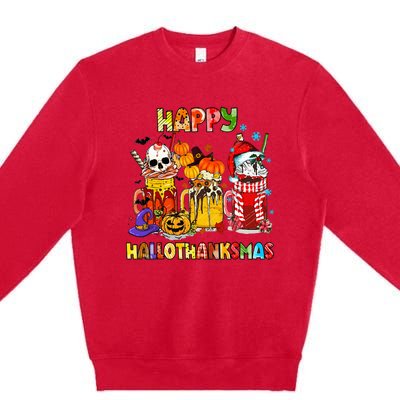 Halloween Thanksgiving Christmas Happy Hallothanksmas Funny Premium Crewneck Sweatshirt